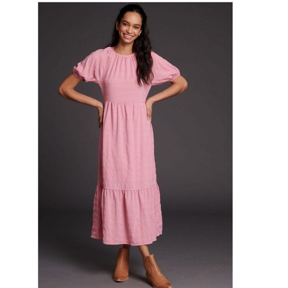 NWT Anthropologie Ro & De Lourdes Tiered Maxi Dress Pink Rose Short Sleeve - Picture 2 of 3